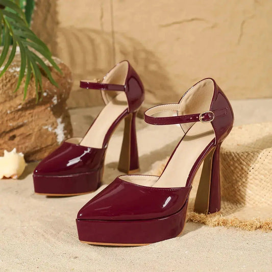 Burgundy Ankle Strap Block Heel - Dikova
