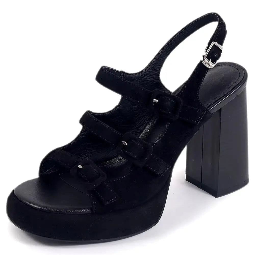 Black platform sandal with block heel on a white background