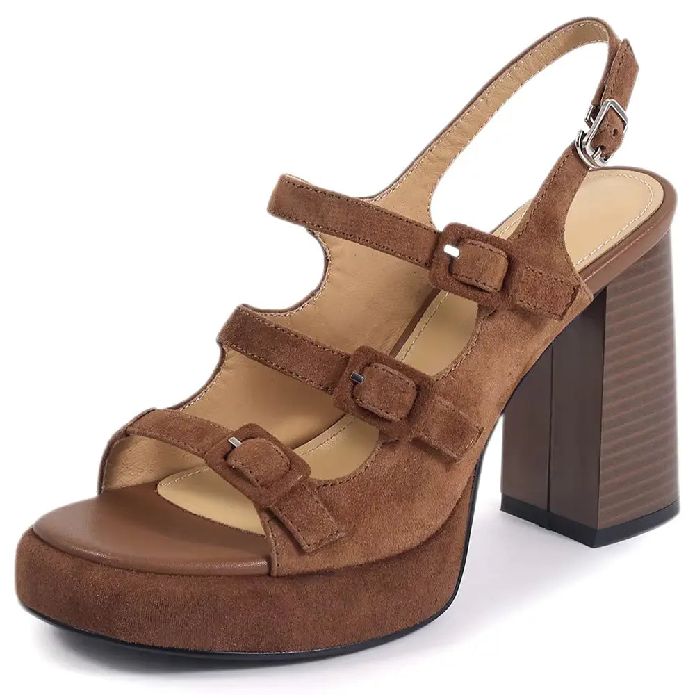 Brown suede sandal with platform and block heel on a white background