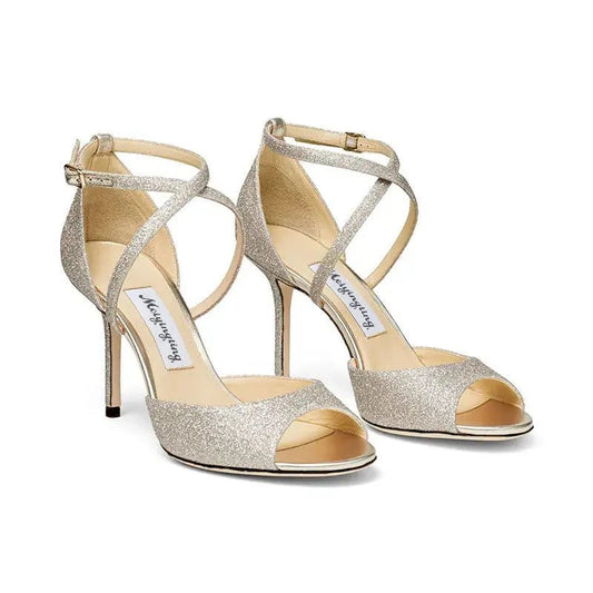 Gold Glitter Heel with Ankle Strap - Dikova