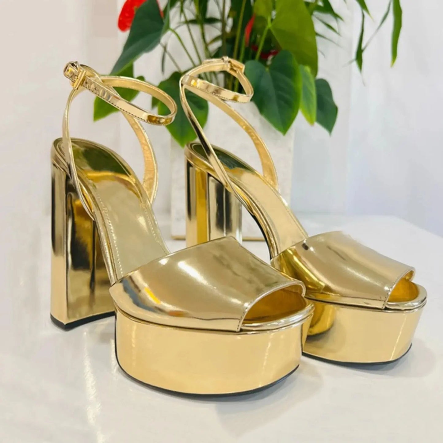 Gold Peep Toe Heel with Ankle Strap - Dikova