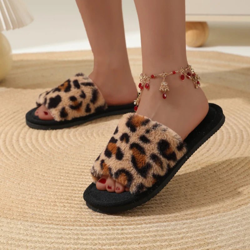 Leopard fluffy slides women - Dikova