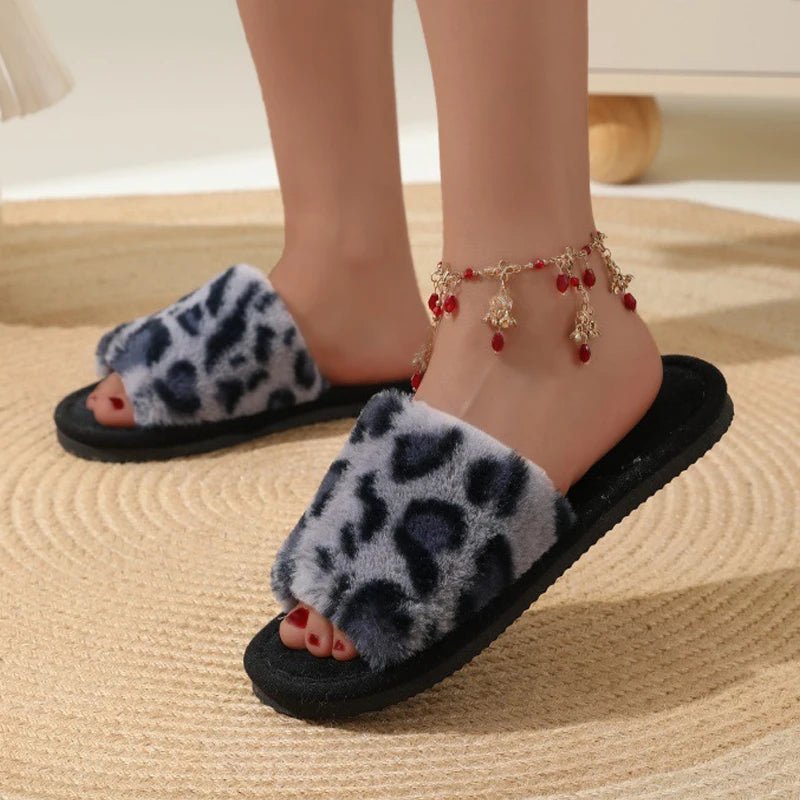 Leopard fluffy slides women - Dikova