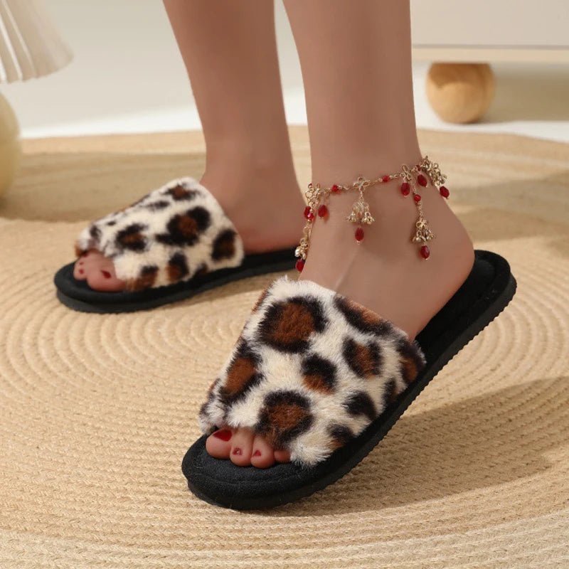 Leopard fluffy slides women - Dikova