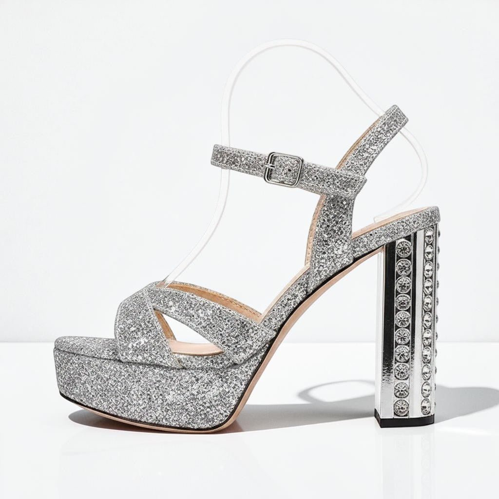 Silver rhinestone Ankle Strap Heel - Dikova