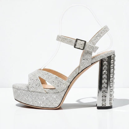 Silver rhinestone Ankle Strap Heel - Dikova