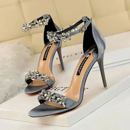 Silver Rhinestone Ankle Strap Sandals - Dikova