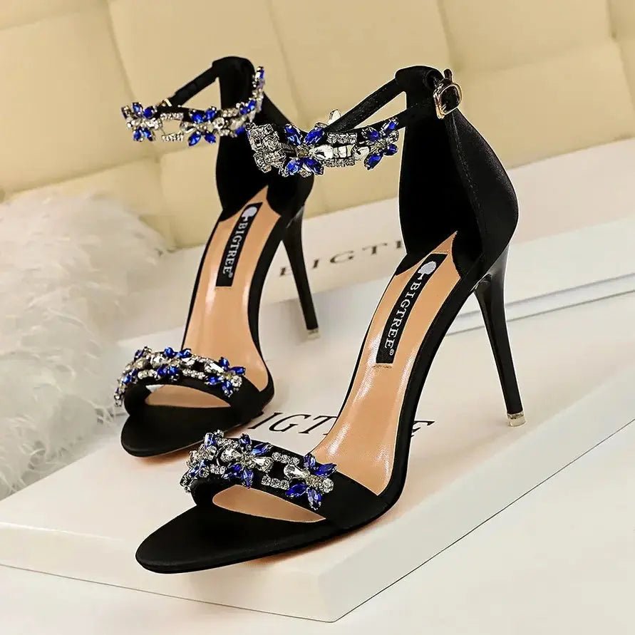 Silver Rhinestone Ankle Strap Sandals - Dikova