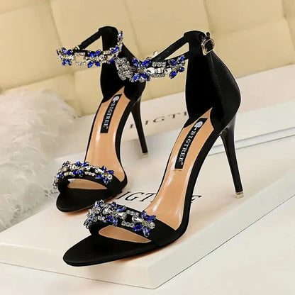 Silver Rhinestone Ankle Strap Sandals - Dikova