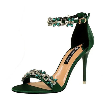 Silver Rhinestone Ankle Strap Sandals - Dikova