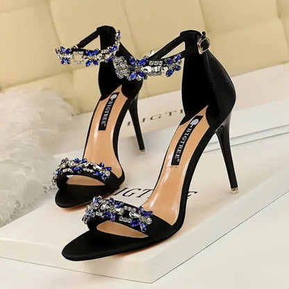 Silver Rhinestone Ankle Strap Sandals - Dikova