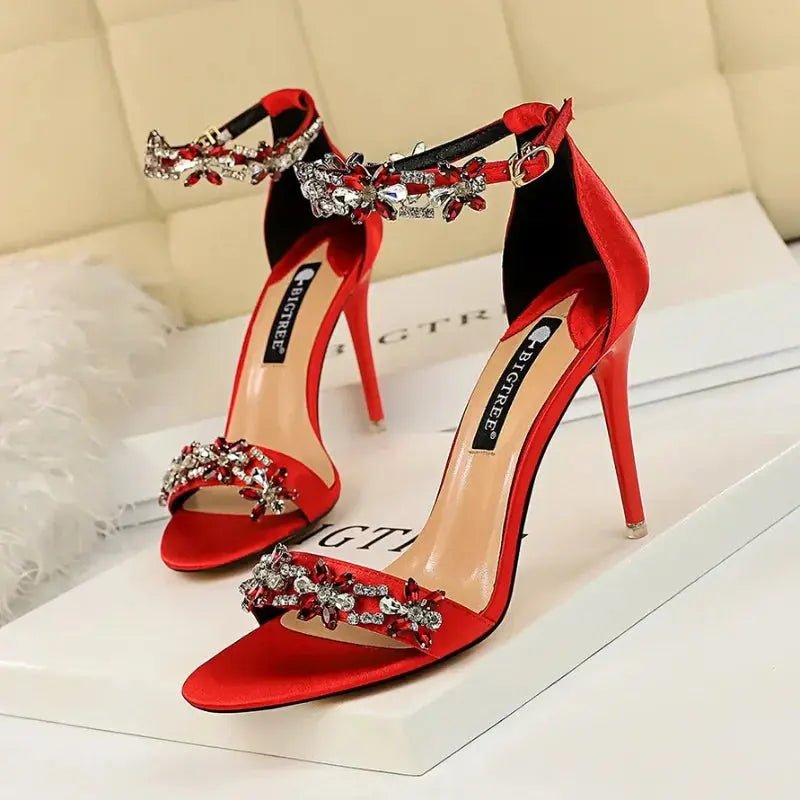 Silver Rhinestone Ankle Strap Sandals - Dikova