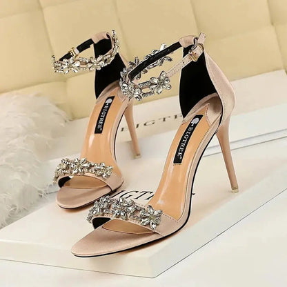 Silver Rhinestone Ankle Strap Sandals - Dikova