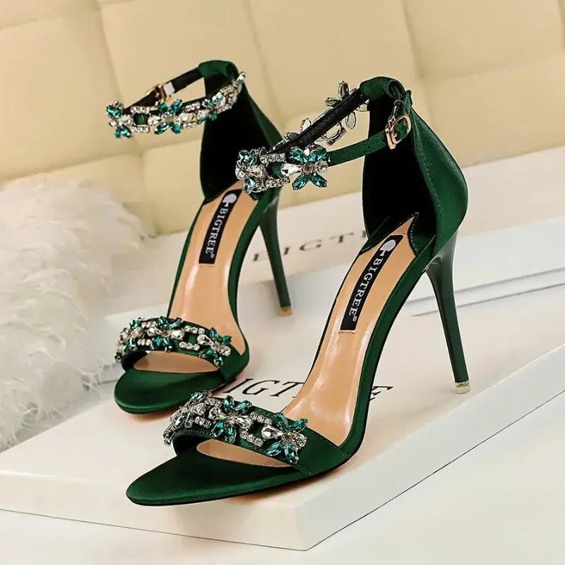Silver Rhinestone Ankle Strap Sandals - Dikova