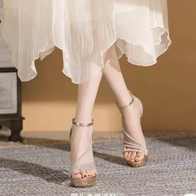 Silver Sparkly Ankle Strap Heel - Dikova