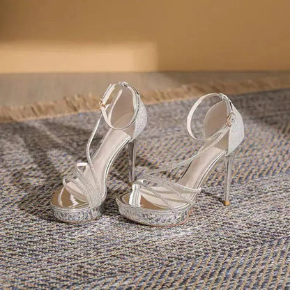 Silver Sparkly Ankle Strap Heel - Dikova