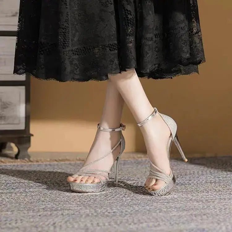Silver Sparkly Ankle Strap Heel - Dikova